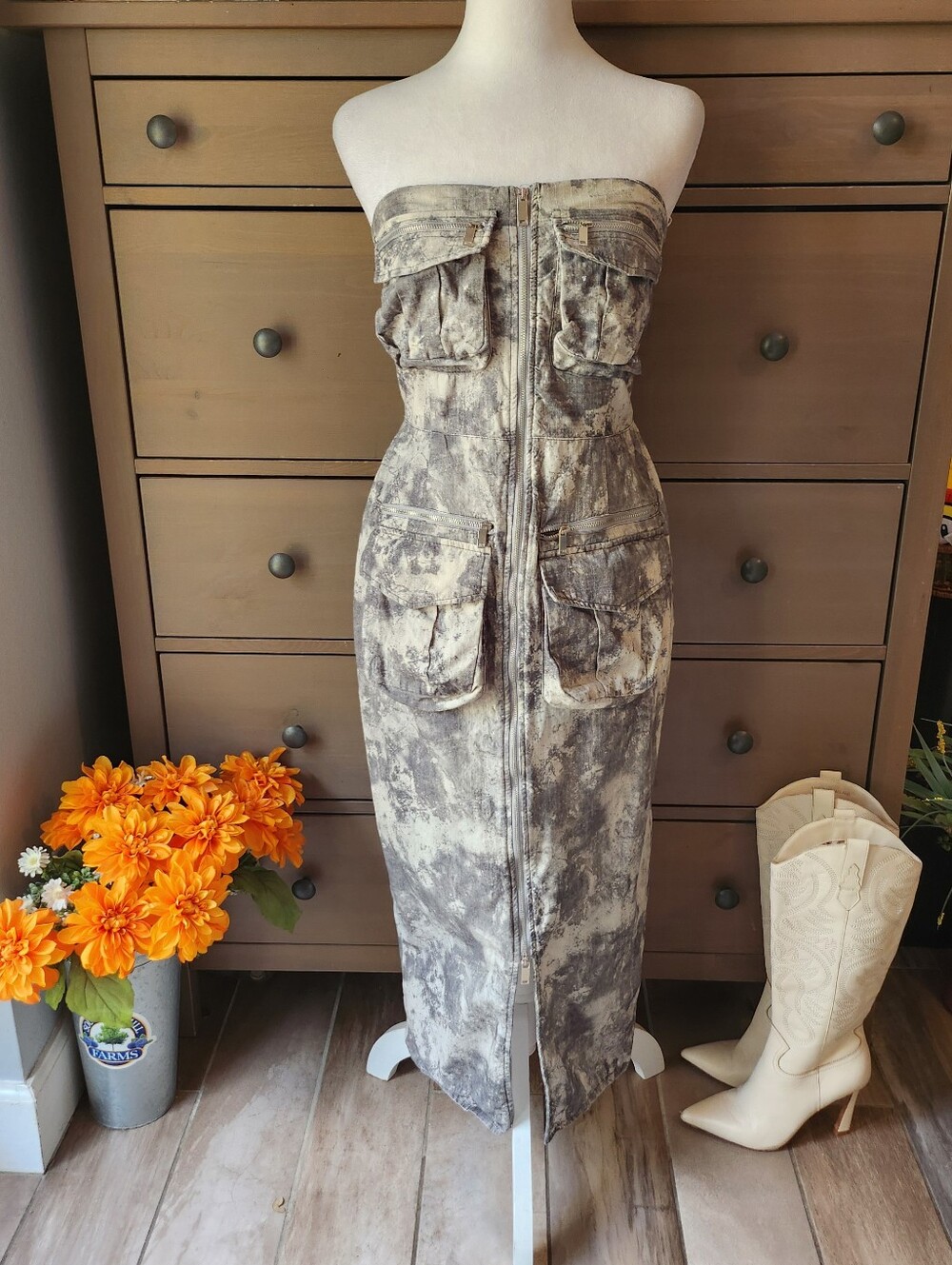 Zara Gray Camo Strapless Cargo Maxi Dress